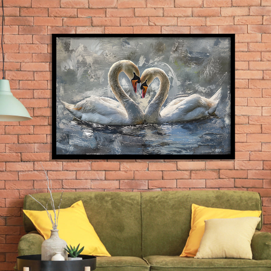 Couple Love Swans Oil Painting Love Art, Framed Art Print Wall Decor, Picture Framed Painting Art