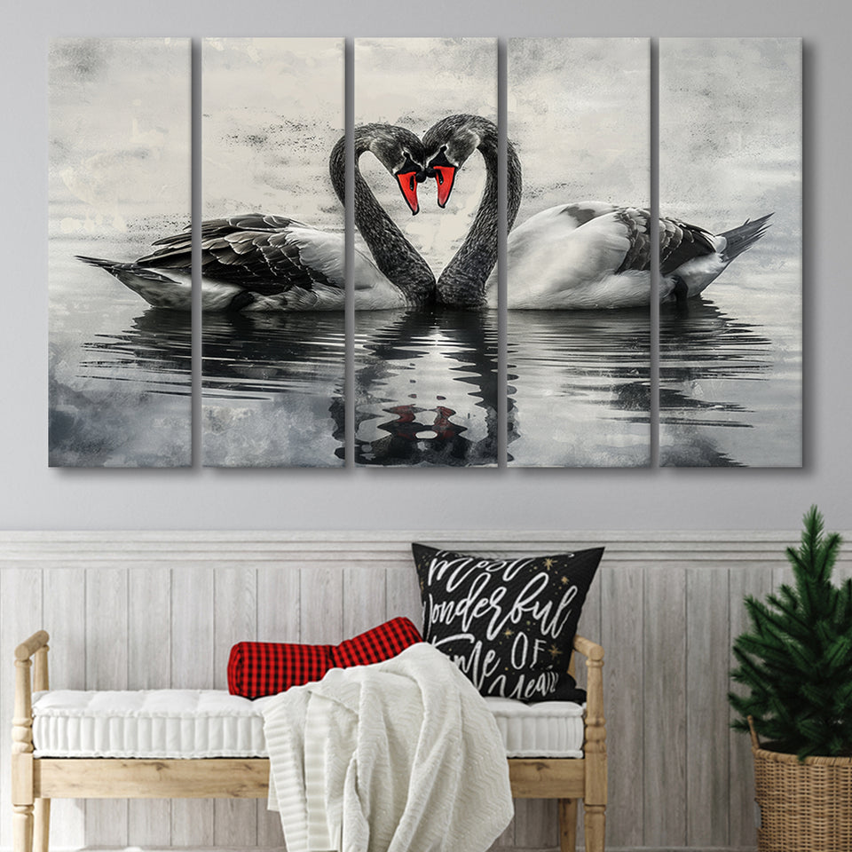 Couple Swans Black And White, Mixed 5 Panel B Canvas Print Wall Art Decor, Extra Large Painting Canvas