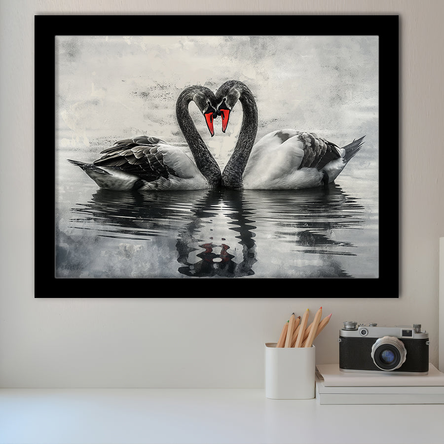 Couple Swans Black And White, Framed Art Print Wall Decor, Picture Framed Painting Art