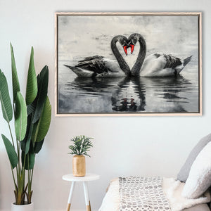 Couple Swans Black And White, Framed Canvas Print Wall Art Decor, Floating Frame Painting Canvas