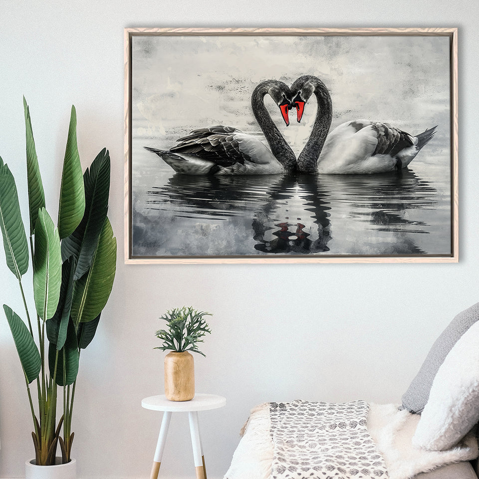 Couple Swans Black And White, Framed Canvas Print Wall Art Decor, Floating Frame Painting Canvas