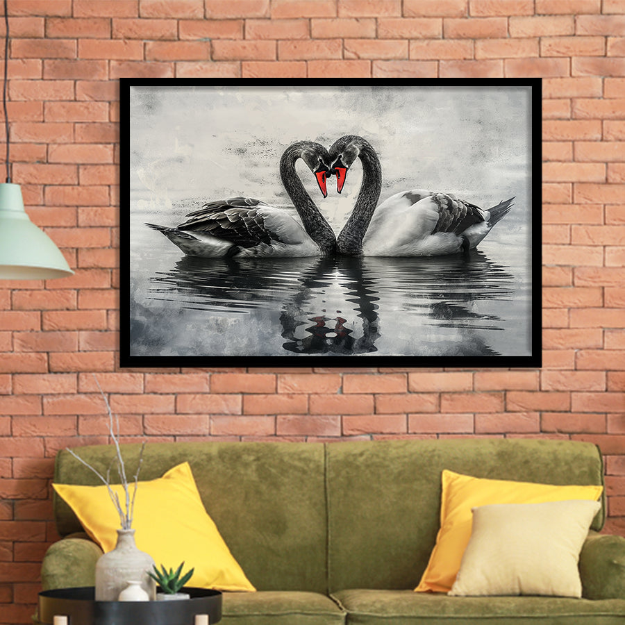 Couple Swans Black And White, Framed Art Print Wall Decor, Picture Framed Painting Art