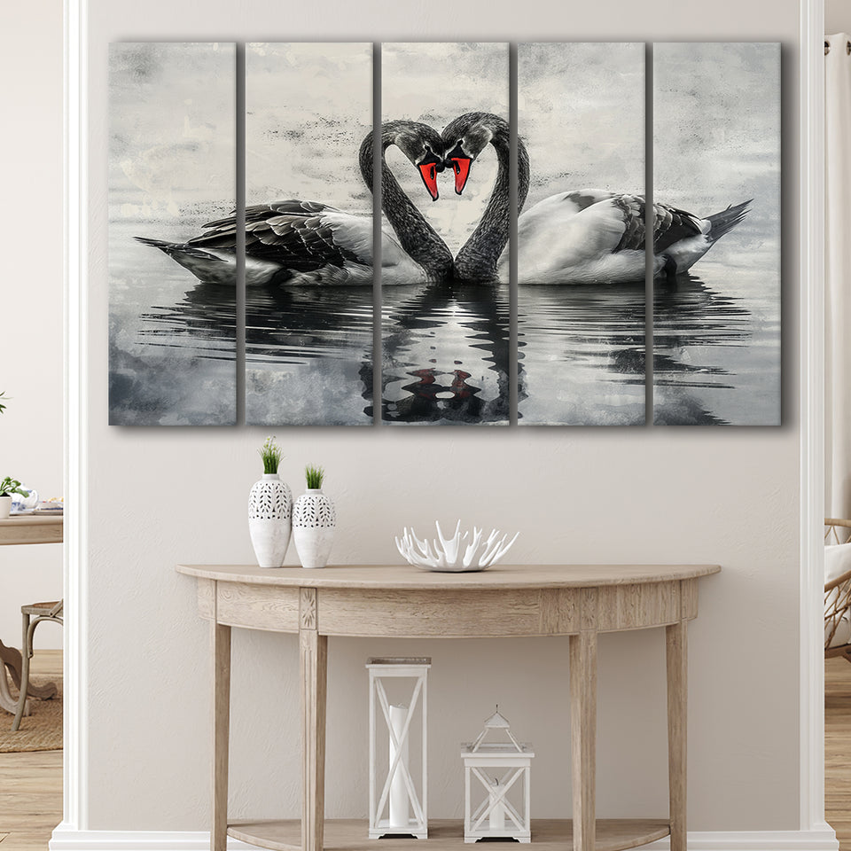 Couple Swans Black And White, Mixed 5 Panel B Canvas Print Wall Art Decor, Extra Large Painting Canvas