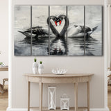 Couple Swans Black And White, Mixed 5 Panel B Canvas Print Wall Art Decor, Extra Large Painting Canvas