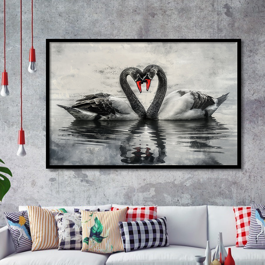 Couple Swans Black And White, Framed Art Print Wall Decor, Picture Framed Painting Art