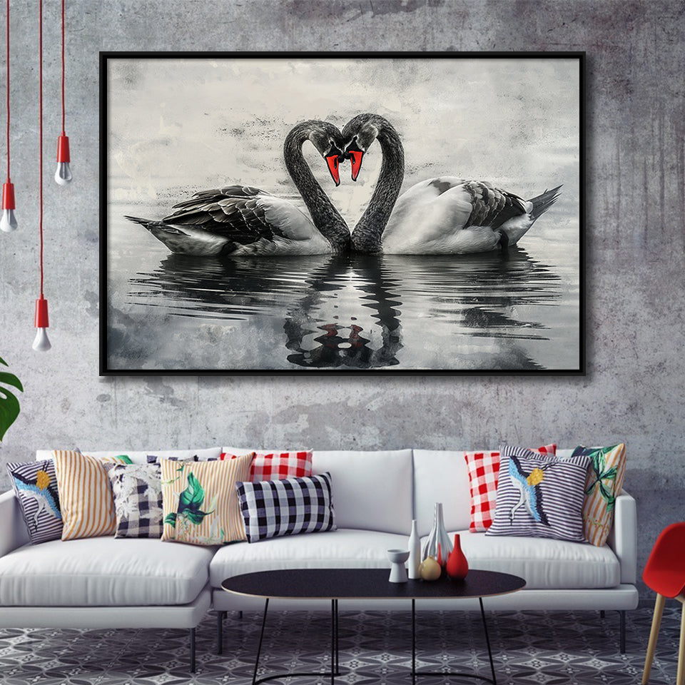 Couple Swans Black And White, Framed Canvas Print Wall Art Decor, Floating Frame Painting Canvas