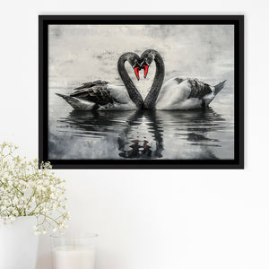 Couple Swans Black And White, Framed Canvas Print Wall Art Decor, Floating Frame Painting Canvas