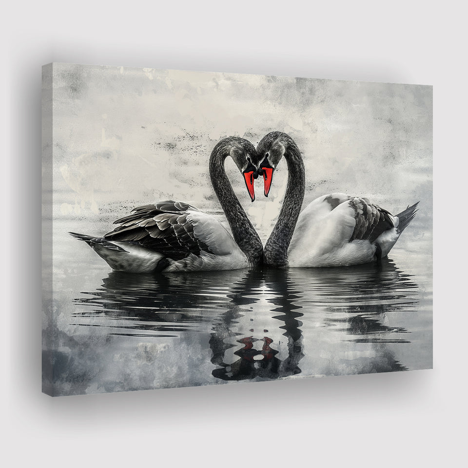 Couple Swans Black And White, Canvas Print Wall Art Home Decor, Painting Canvas Art Print