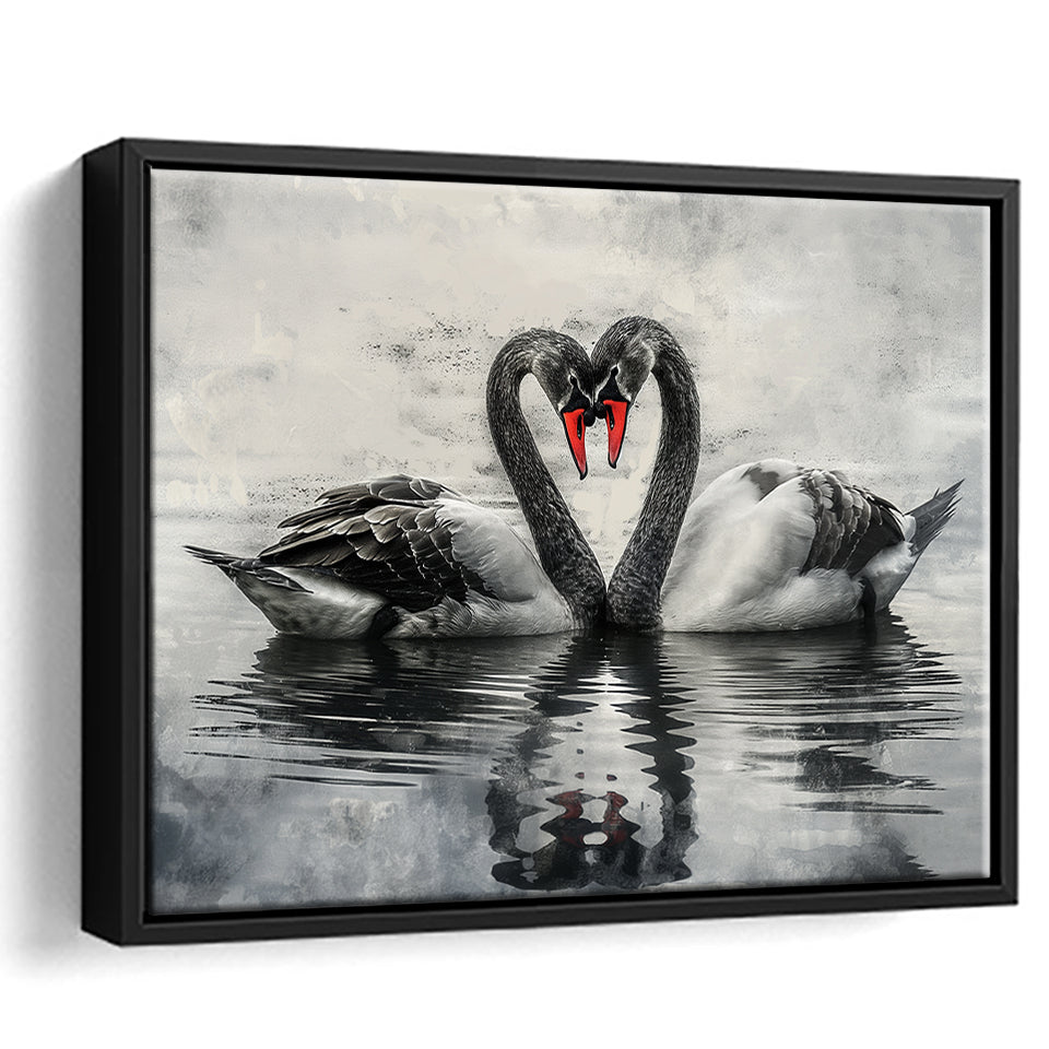 Couple Swans Black And White, Framed Canvas Print Wall Art Decor, Floating Frame Painting Canvas