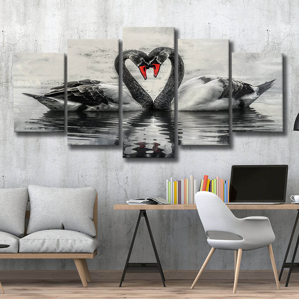 Couple Swans Black And White, Mixed 5 Panel Canvas Print Wall Art Home Decor, Large Canvas Painting