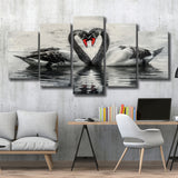Couple Swans Black And White, Mixed 5 Panel Canvas Print Wall Art Home Decor, Large Canvas Painting