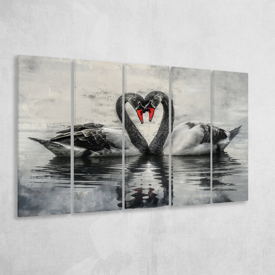 Couple Swans Black And White, Mixed 5 Panel B Canvas Print Wall Art Decor, Extra Large Painting Canvas