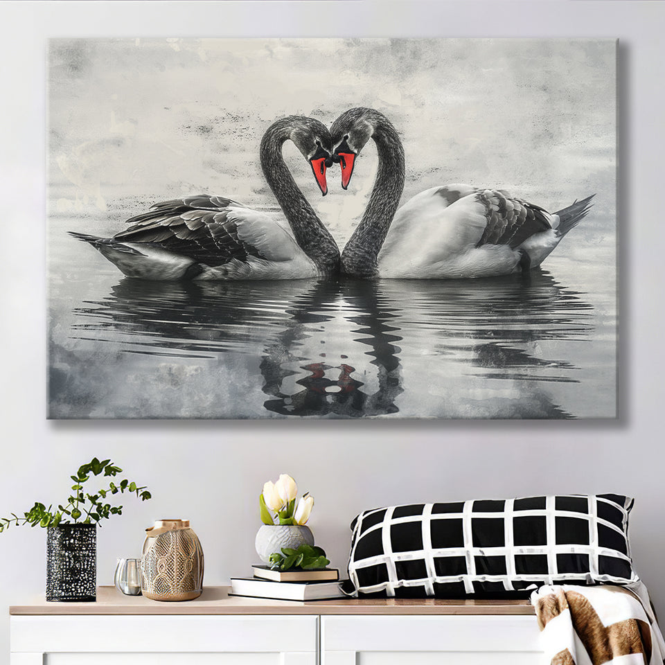 Couple Swans Black And White, Canvas Print Wall Art Home Decor, Painting Canvas Art Print
