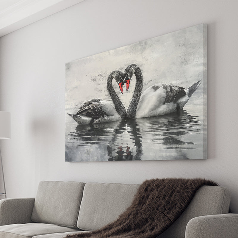 Couple Swans Black And White, Canvas Print Wall Art Home Decor, Painting Canvas Art Print