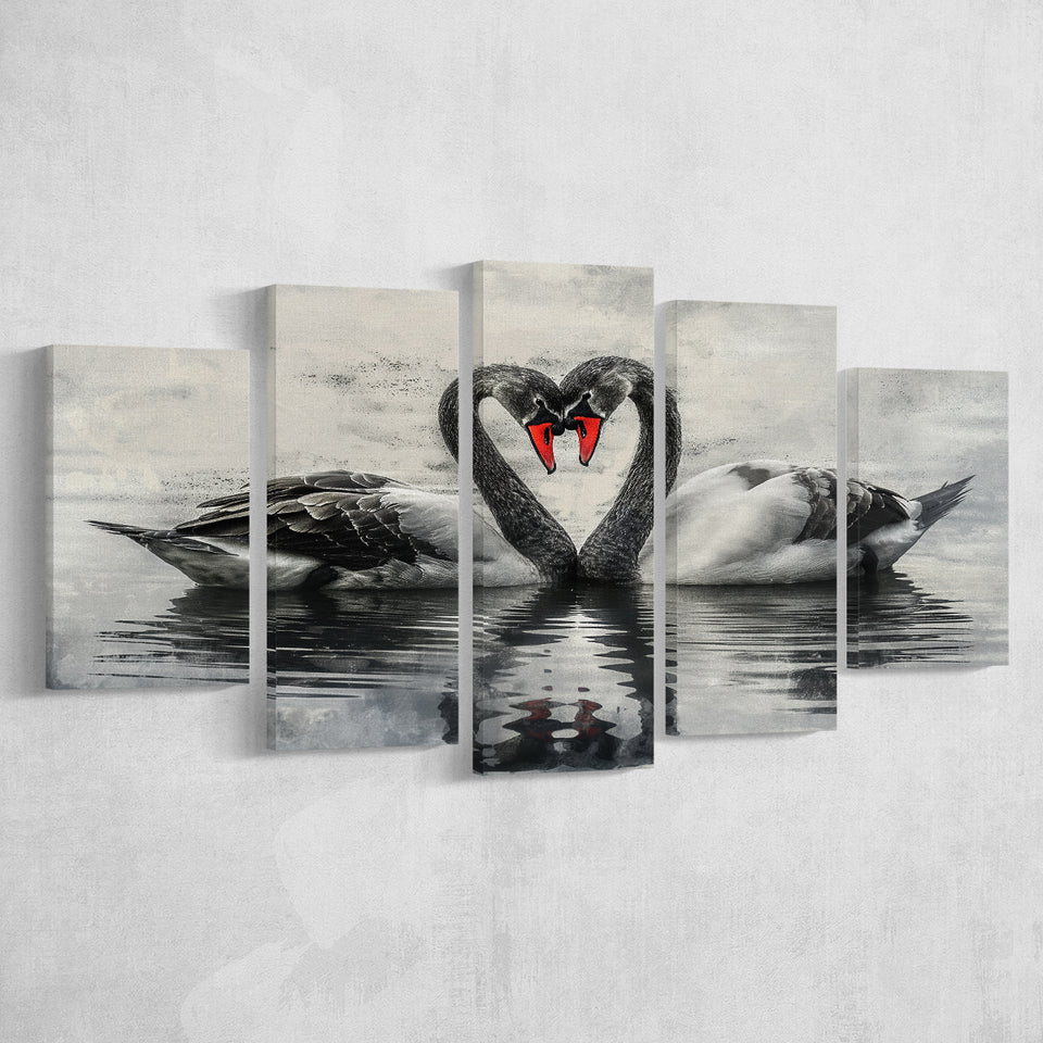 Couple Swans Black And White, Mixed 5 Panel Canvas Print Wall Art Home Decor, Large Canvas Painting