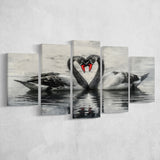 Couple Swans Black And White, Mixed 5 Panel Canvas Print Wall Art Home Decor, Large Canvas Painting
