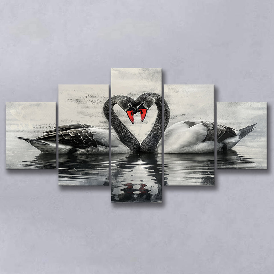 Couple Swans Black And White, Mixed 5 Panel Canvas Print Wall Art Home Decor, Large Canvas Painting