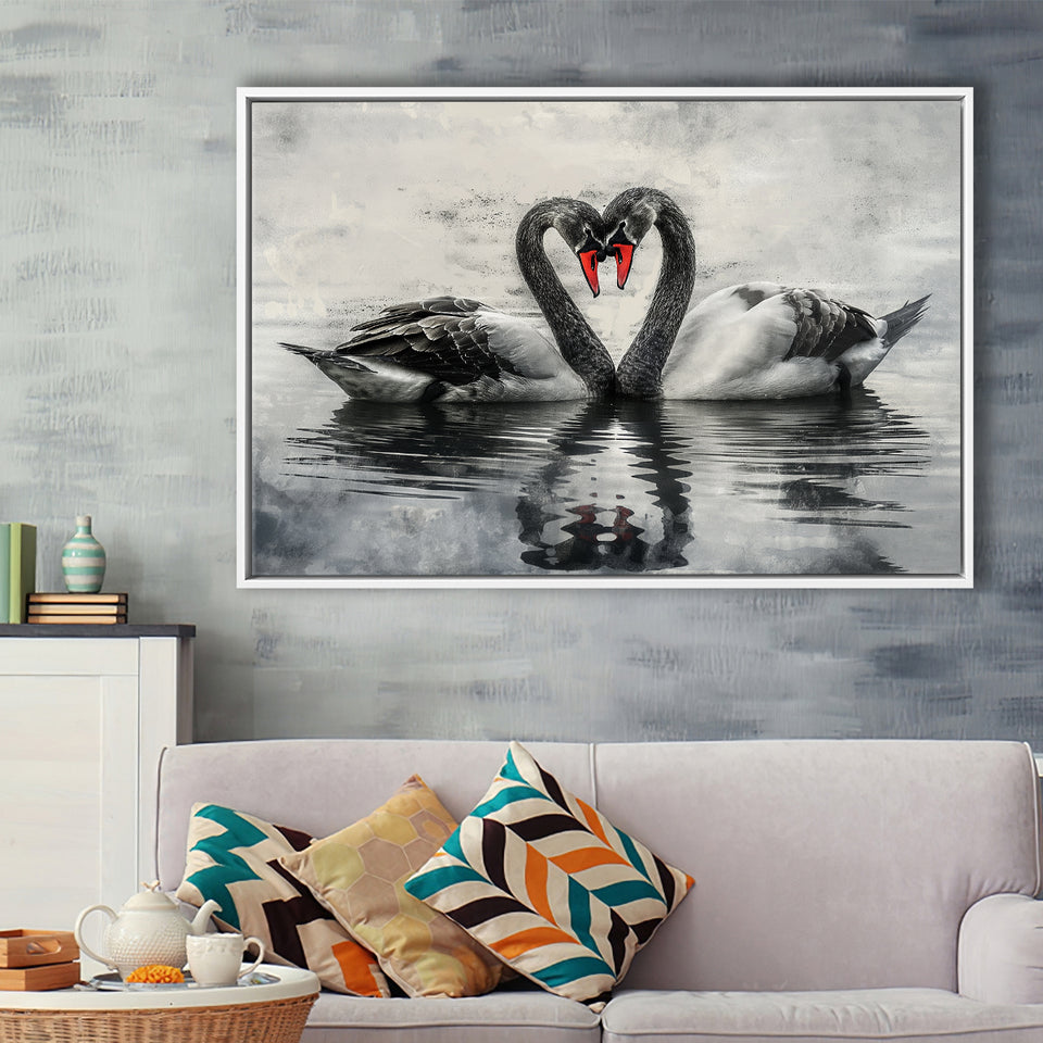 Couple Swans Black And White, Framed Canvas Print Wall Art Decor, Floating Frame Painting Canvas