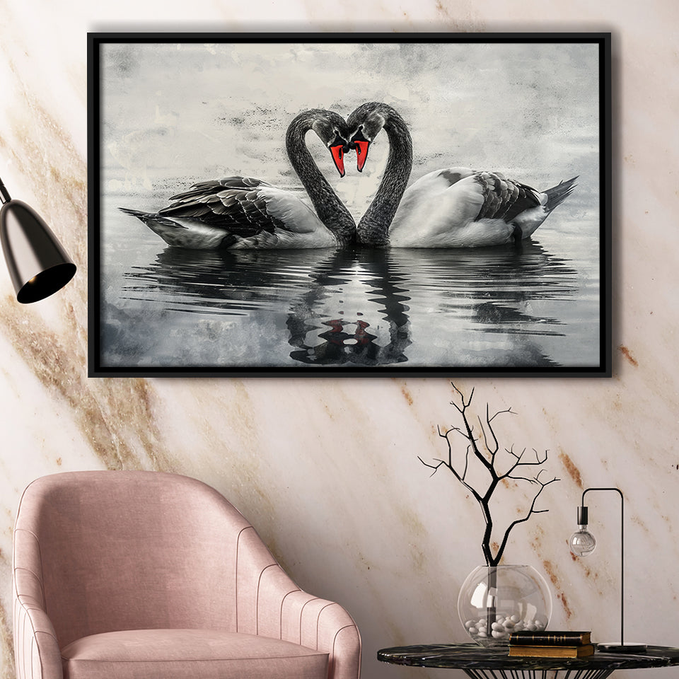 Couple Swans Black And White, Framed Canvas Print Wall Art Decor, Floating Frame Painting Canvas