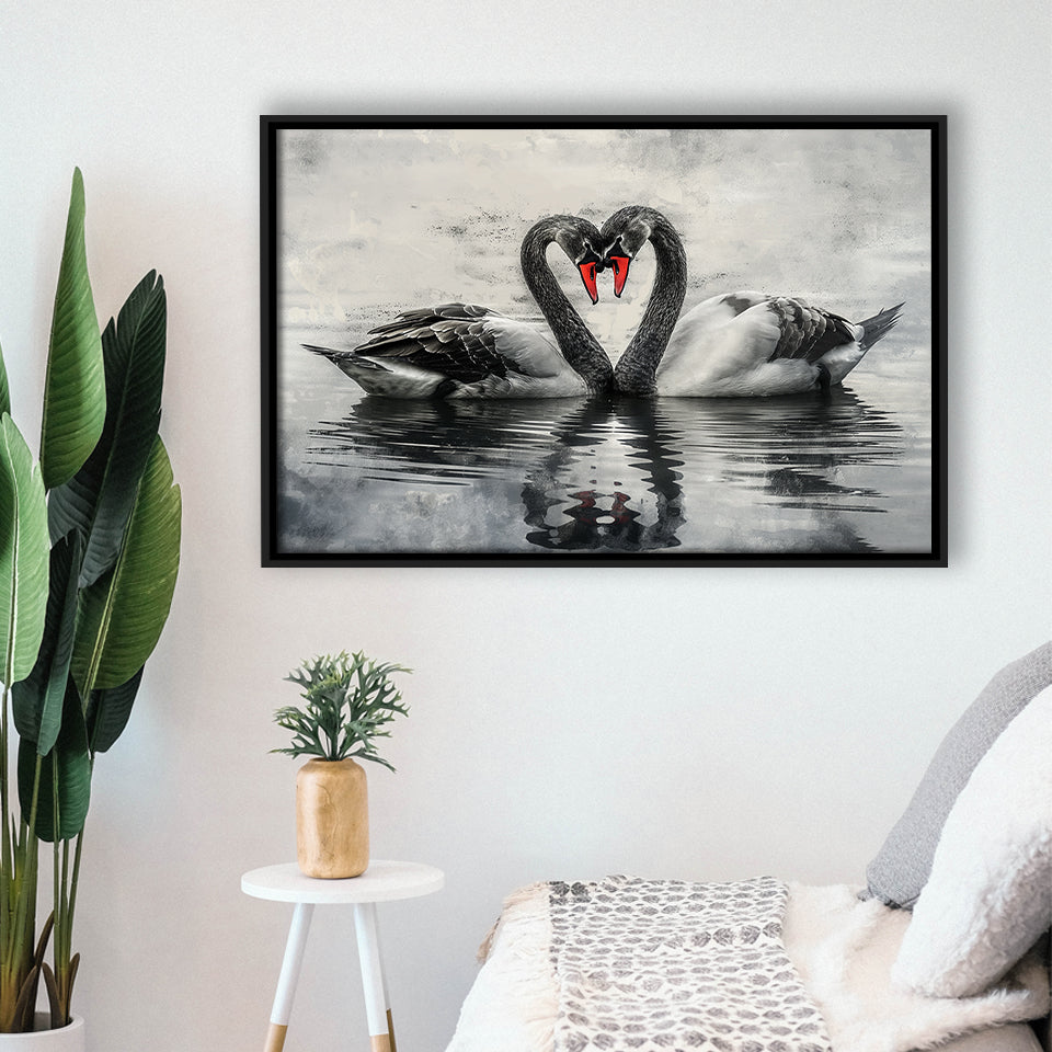 Couple Swans Black And White, Framed Canvas Print Wall Art Decor, Floating Frame Painting Canvas