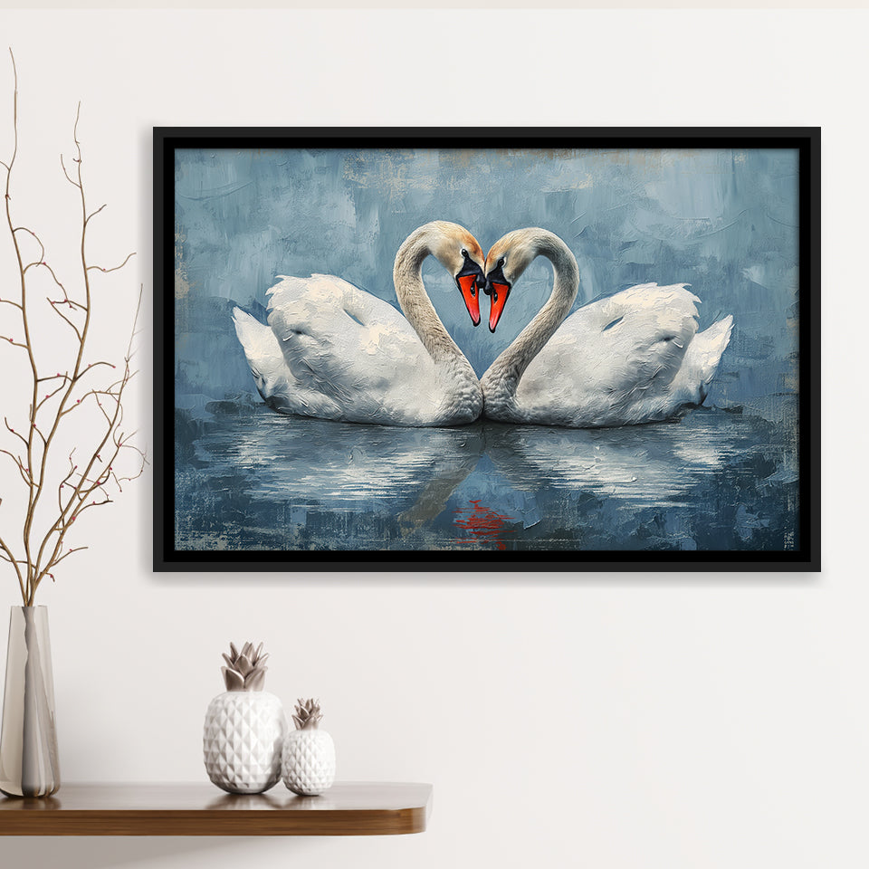 Couple Swans Love Heart Painting, Framed Canvas Print Wall Art Decor, Floating Frame Painting Canvas