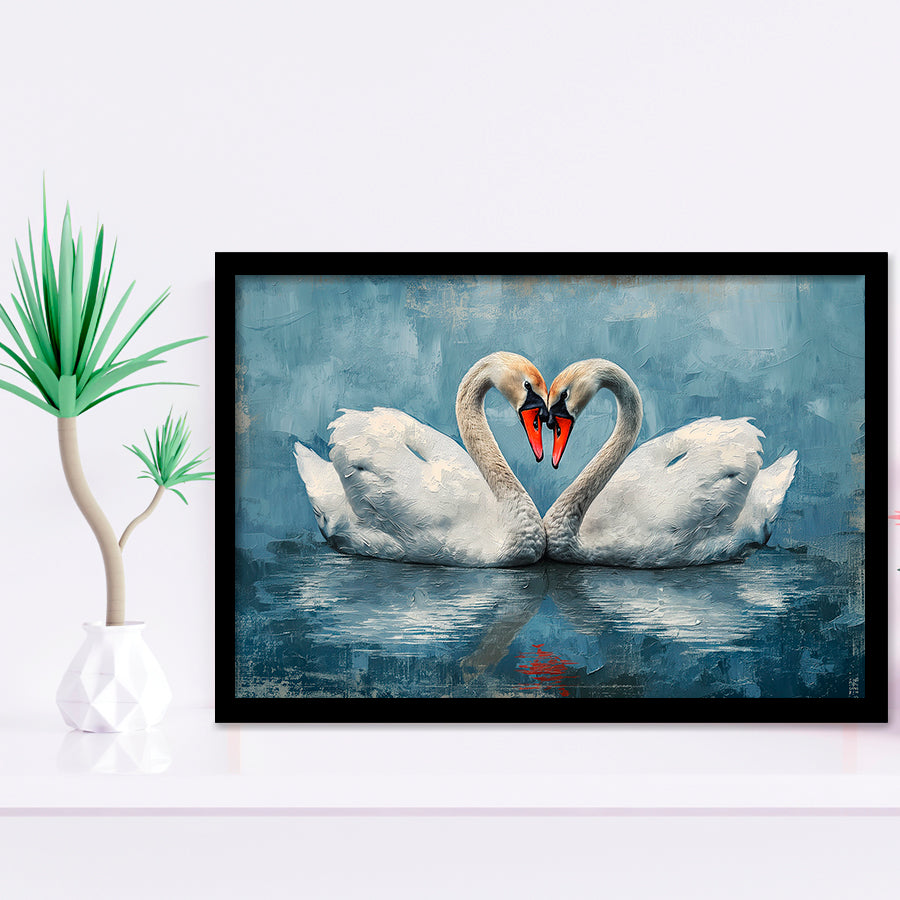Couple Swans Love Heart Painting, Framed Art Print Wall Decor, Picture Framed Painting Art