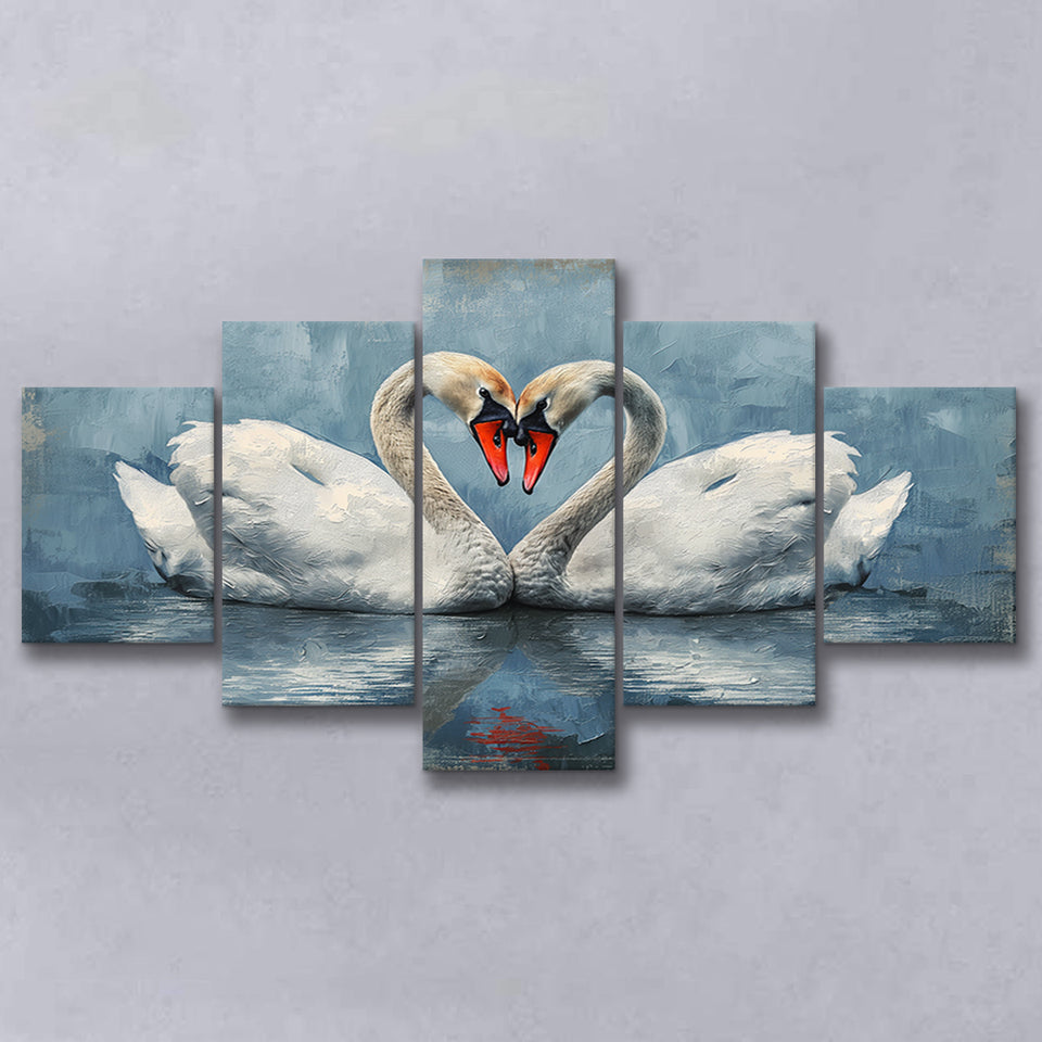 Couple Swans Love Heart Painting, Mixed 5 Panel Canvas Print Wall Art Home Decor, Large Canvas Painting