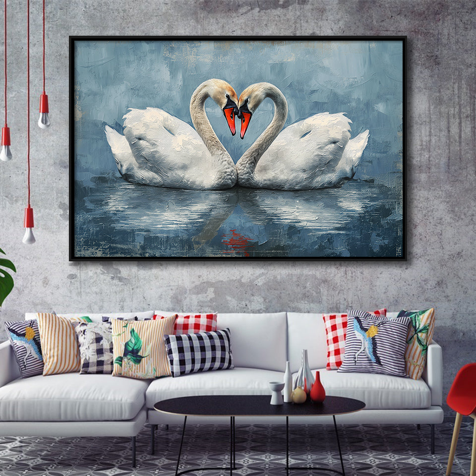 Couple Swans Love Heart Painting, Framed Canvas Print Wall Art Decor, Floating Frame Painting Canvas