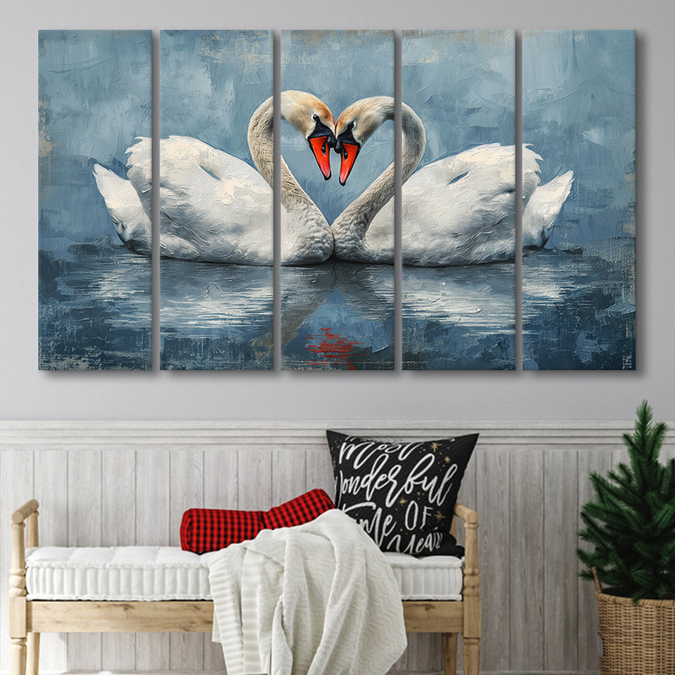 Couple Swans Love Heart Painting, Mixed 5 Panel B Canvas Print Wall Art Decor, Extra Large Painting Canvas