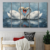 Couple Swans Love Heart Painting, Mixed 5 Panel B Canvas Print Wall Art Decor, Extra Large Painting Canvas