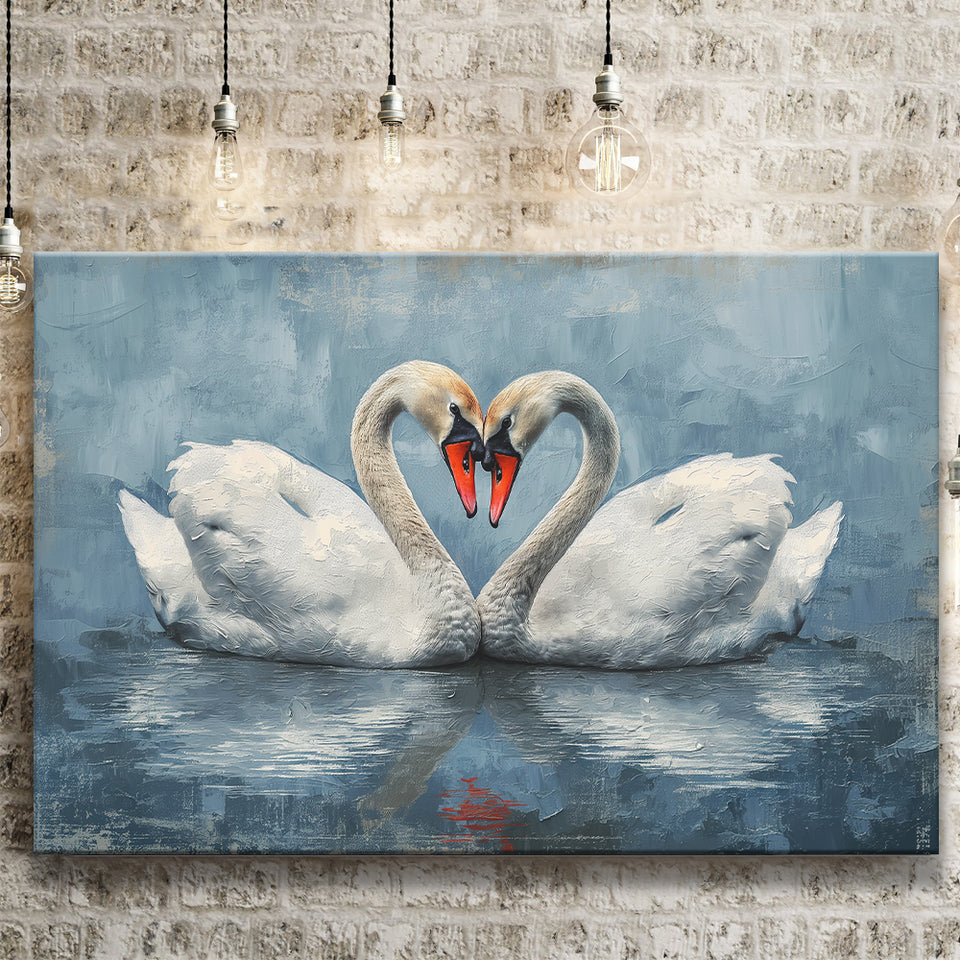 Couple Swans Love Heart Painting, Canvas Print Wall Art Home Decor, Painting Canvas Art Print