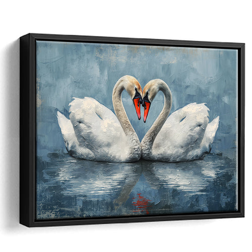 Couple Swans Love Heart Painting, Framed Canvas Print Wall Art Decor, Floating Frame Painting Canvas