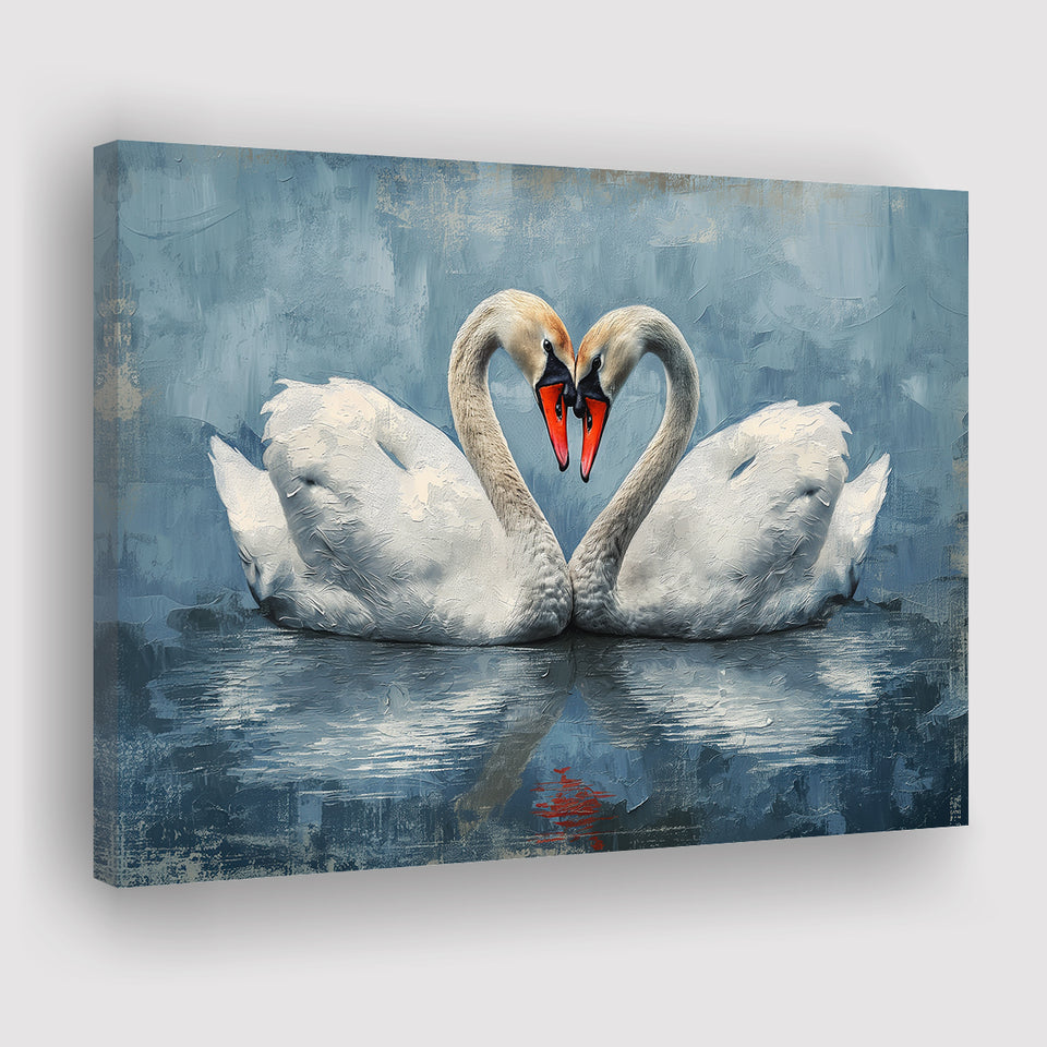Couple Swans Love Heart Painting, Canvas Print Wall Art Home Decor, Painting Canvas Art Print