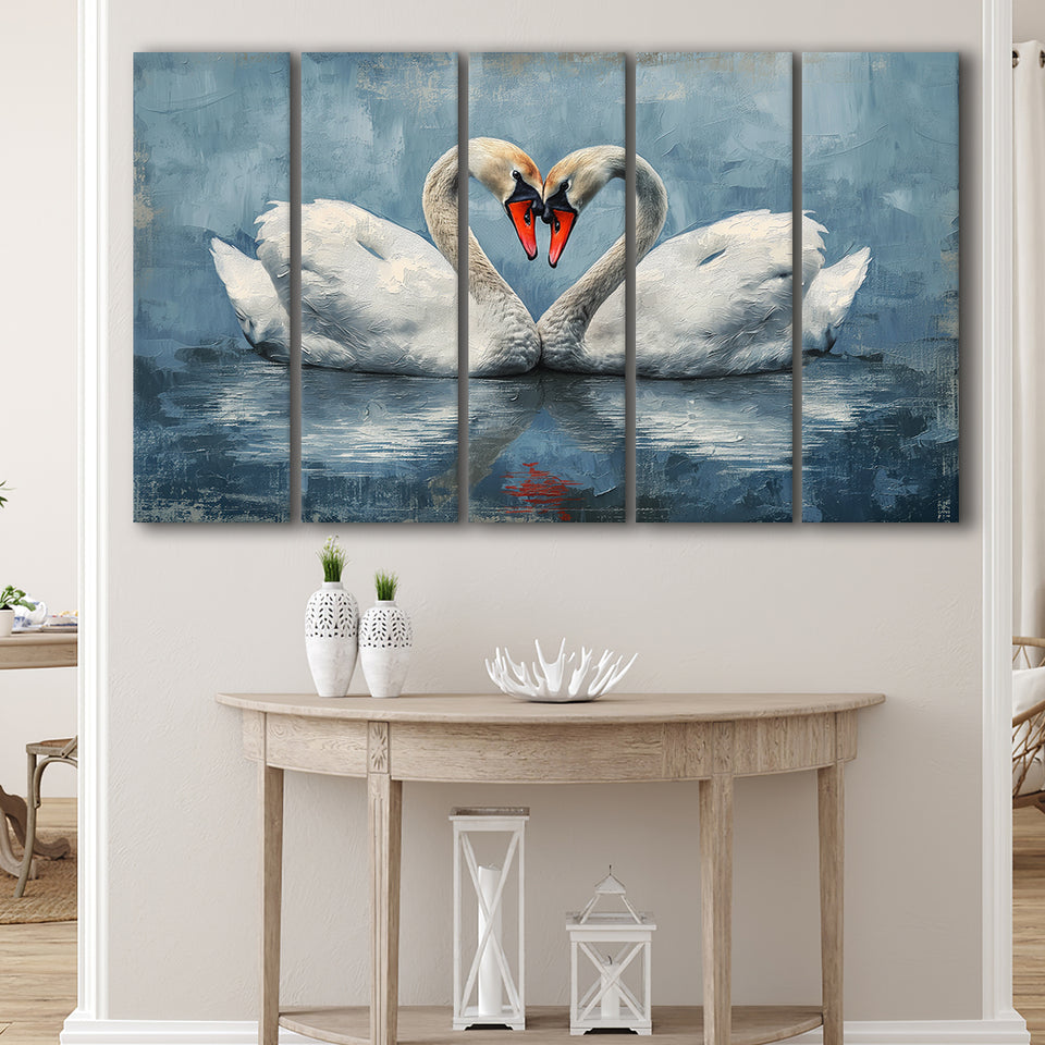 Couple Swans Love Heart Painting, Mixed 5 Panel B Canvas Print Wall Art Decor, Extra Large Painting Canvas