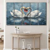 Couple Swans Love Heart Painting, Mixed 5 Panel B Canvas Print Wall Art Decor, Extra Large Painting Canvas