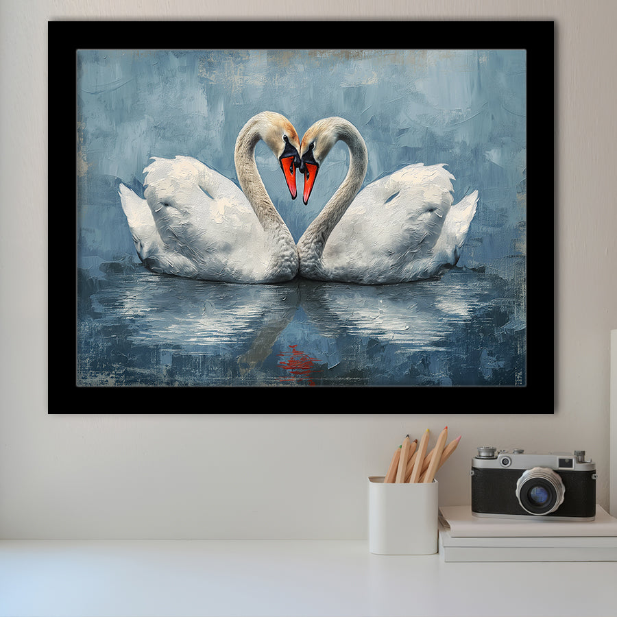 Couple Swans Love Heart Painting, Framed Art Print Wall Decor, Picture Framed Painting Art