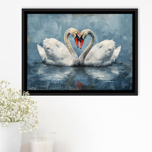 Couple Swans Love Heart Painting, Framed Canvas Print Wall Art Decor, Floating Frame Painting Canvas