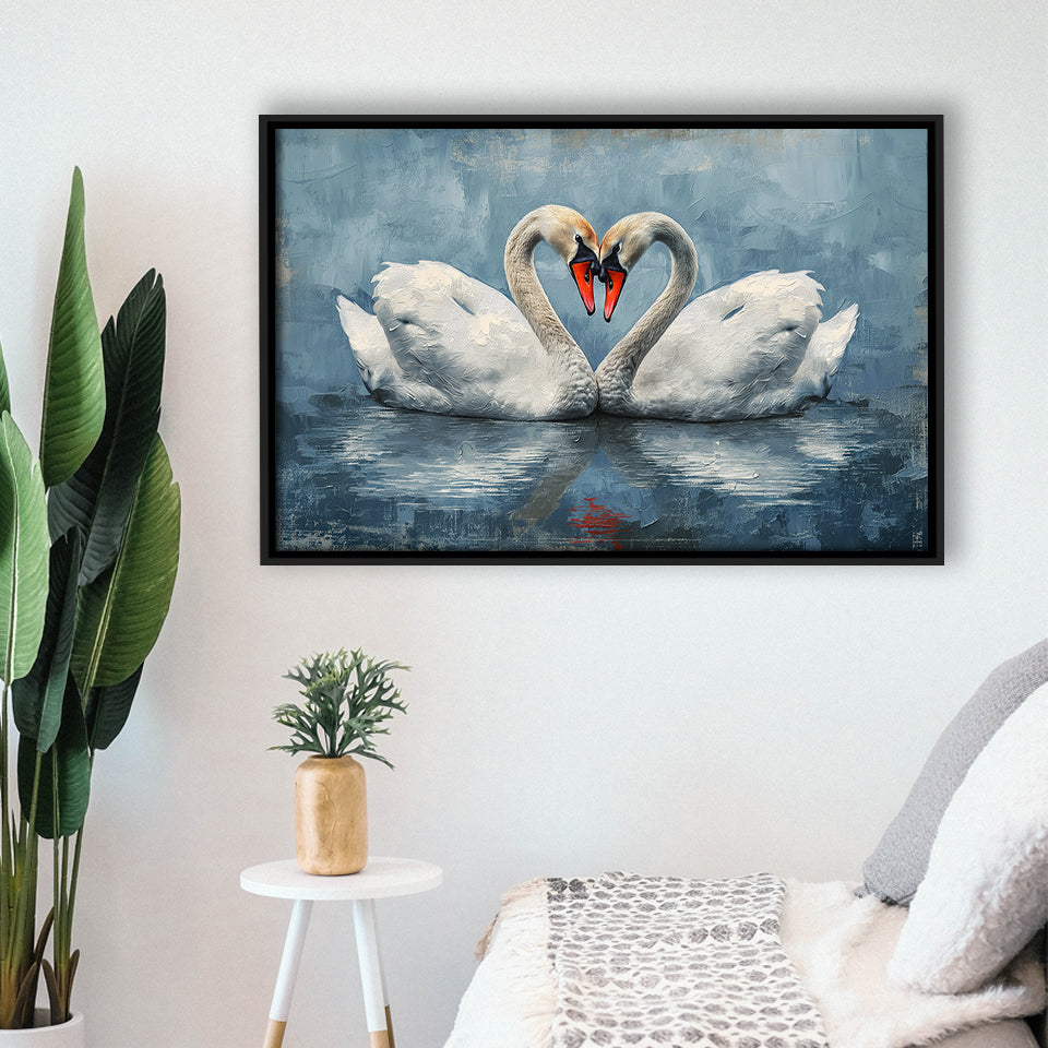 Couple Swans Love Heart Painting, Framed Canvas Print Wall Art Decor, Floating Frame Painting Canvas