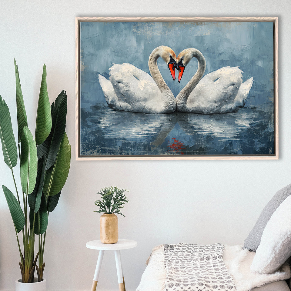 Couple Swans Love Heart Painting, Framed Canvas Print Wall Art Decor, Floating Frame Painting Canvas