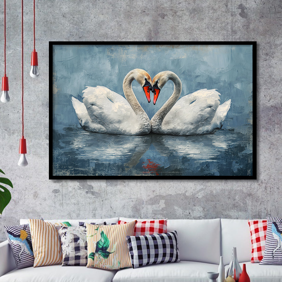 Couple Swans Love Heart Painting, Framed Art Print Wall Decor, Picture Framed Painting Art