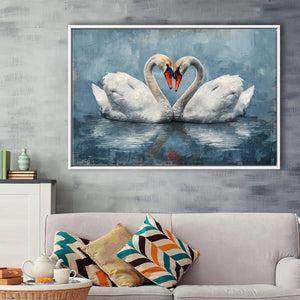 Couple Swans Love Heart Painting, Framed Canvas Print Wall Art Decor, Floating Frame Painting Canvas