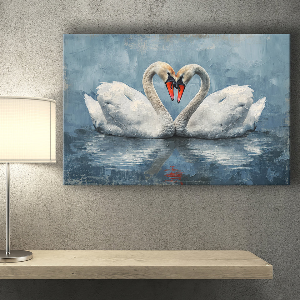 Couple Swans Love Heart Painting, Canvas Print Wall Art Home Decor, Painting Canvas Art Print