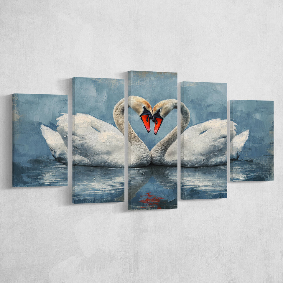 Couple Swans Love Heart Painting, Mixed 5 Panel Canvas Print Wall Art Home Decor, Large Canvas Painting