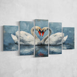 Couple Swans Love Heart Painting, Mixed 5 Panel Canvas Print Wall Art Home Decor, Large Canvas Painting