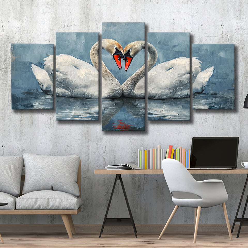 Couple Swans Love Heart Painting, Mixed 5 Panel Canvas Print Wall Art Home Decor, Large Canvas Painting
