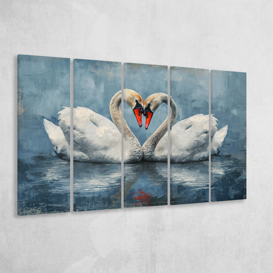 Couple Swans Love Heart Painting, Mixed 5 Panel B Canvas Print Wall Art Decor, Extra Large Painting Canvas