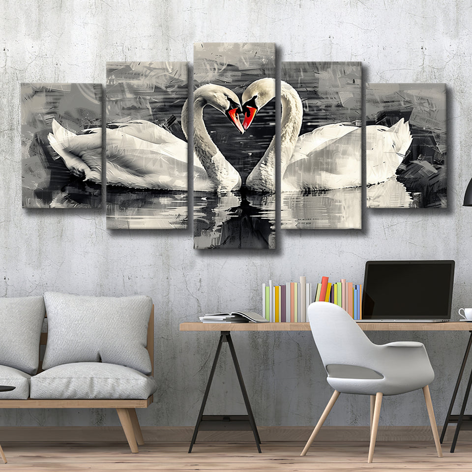 Couple Swans Love Painting, Mixed 5 Panel Canvas Print Wall Art Home Decor, Large Canvas Painting