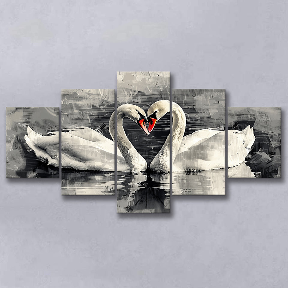 Couple Swans Love Painting, Mixed 5 Panel Canvas Print Wall Art Home Decor, Large Canvas Painting