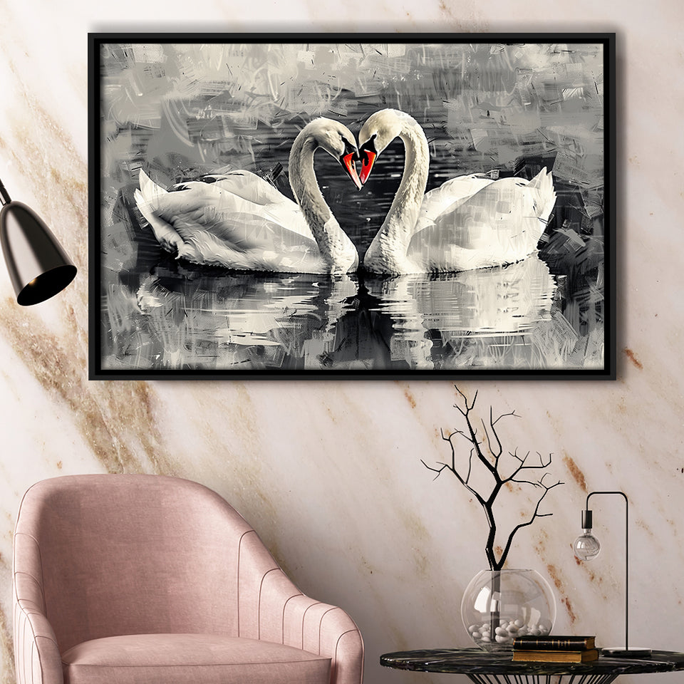 Couple Swans Love Painting, Framed Canvas Print Wall Art Decor, Floating Frame Painting Canvas