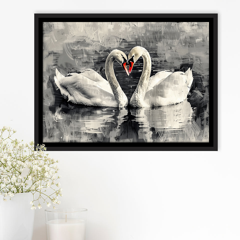 Couple Swans Love Painting, Framed Canvas Print Wall Art Decor, Floating Frame Painting Canvas